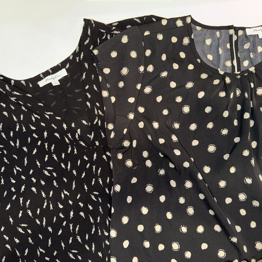 Lot 2 Monday Fun Blouses Size Large Black Polka Dot Bird Print Workwear Tops